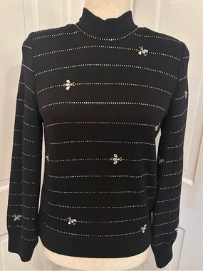 ST. JOHN EVENING Black Knit Sweater Bee Embellished Gold Silver Metallic Petite